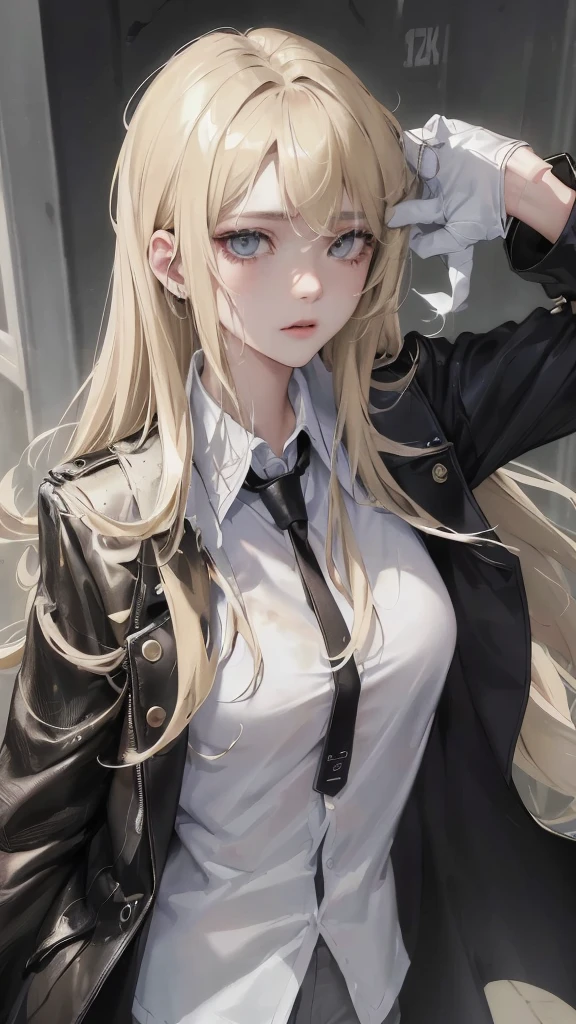 (Top resolution、Distinct_image)top-quality、A girl、masterpiece、highly detailed, half body, Semi-realistic、grey eyes 、18year old、blonde hair,young 、Exquisite facial features、Facial features ,variation potrait, injured, long hairstyles, zl apocalypse, age, cool , cold sharp eyes, An expression of despair., Torn clothes, destroyed clothes, damaged clothing, all dirty, dirty, dirt, lifeless eyes, blood on face and clothes, , {Very detailed 8k CG unit wallpaper}, Handsome, solo, female, mafia, black shirt, white pant, black gloves, white coat,