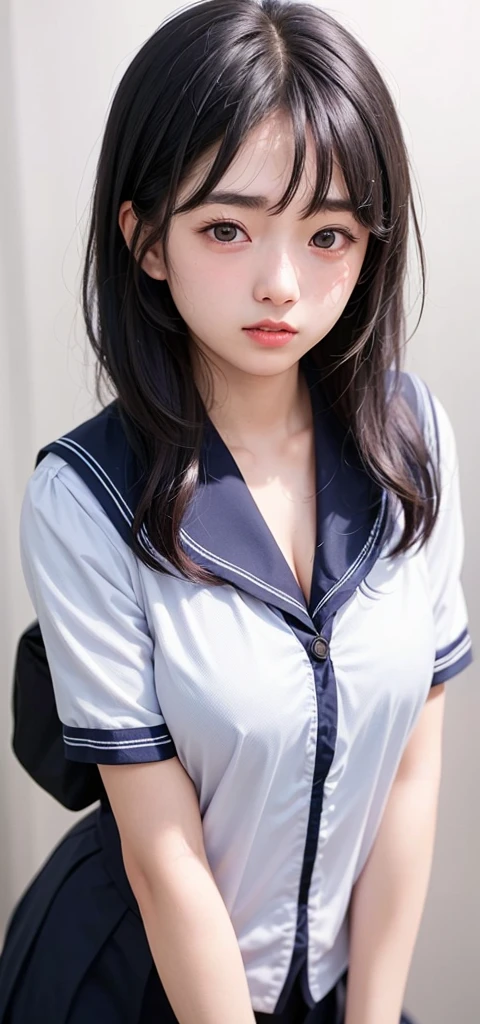 (1 nogizaka girl,15years old face,raw photo,photo realistic:1.5),(best quality, high quality,HDR, highest quality,ultra high resolution,high resolution,high res,ultra high difinition,huge file size,8K,2K wallpaper,8K wallpaper,high quality texture,amazing,an extremely delicate:1.4),one girl, Japanese famous idol,cute face,small face,absurd,ridiculous,incredibly ridiculous,blurry background,(school uniform,sailor suit,short hair,cleavage,no makeup:1.2),medium skin,beautiful skin,detailed skin,black hair,silky hair,black eyes,Japanese nose,5-fingers,(Light Particles, Lens Flare, Luminous Particles: 0.7),looking at viewer,small hands,bright lighting,professional lighting,girl