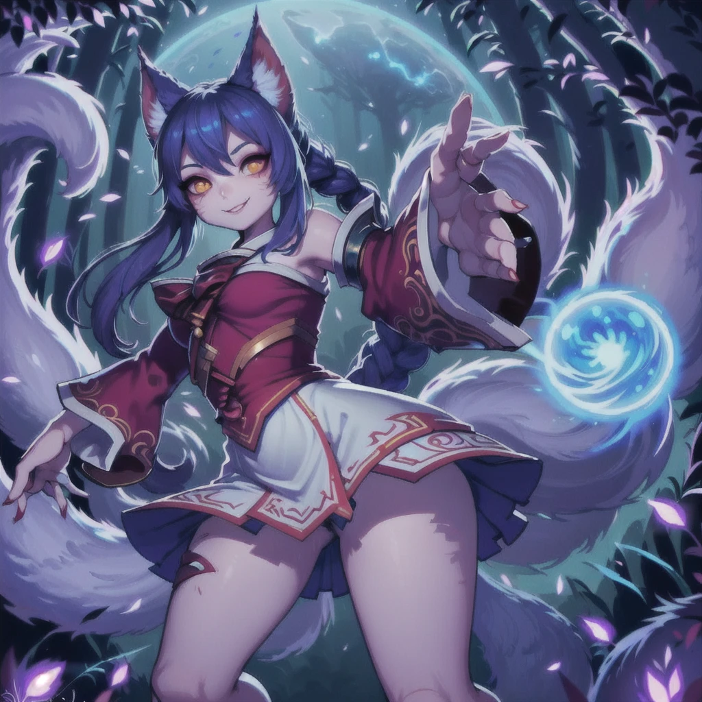 seketch art style,arhi , league of legends champion,masterpiece, best quality, IncrsAhri, braid, fox tail, multiple tails, korean clothes, skirt, (EnergyVeins:1.4), glowing, energy, energy ball, stance, evil smile,full detail