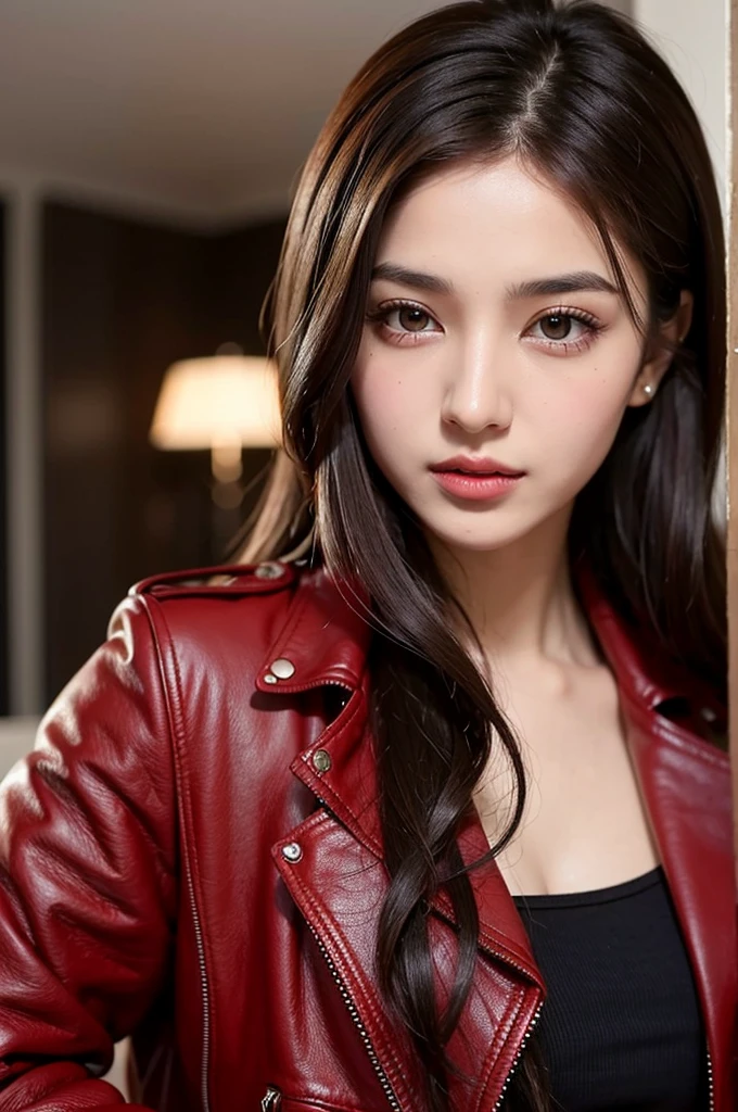 An Iranian girl with very short and wavy and little dark blond hair and light brown eyes in a red dress , a black leather jacket