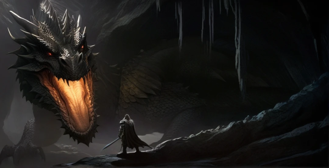 there is a man standing next to a giant dragon in the dark, a sinister fantasy illustration, giant dragon resting in a cave, dramatic conceptual art, dark matte fantasy painting, dark soul concept art, Elden ring concept art, dark fantasy concept art, dark fantasy art, dark souls concept art, hobbit concept art, elden ring art