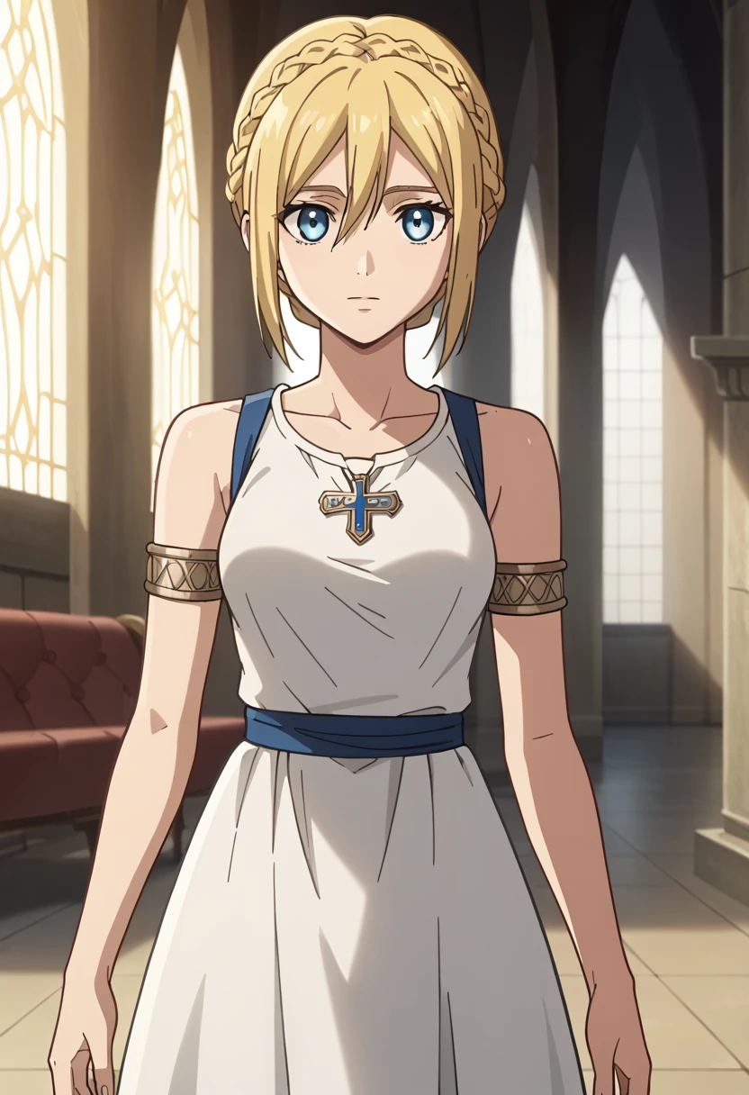 score_9, score_8_up, score_7_up, source_anime, best quality, high resolution, masterpiece, absurdres,vector trace,anime screencap, key art style, cinematic lighting, morning, 1girl, solo,  medieval, taint glass, historia reiss,blue eyes, blonde hair, medium breasts, sleeveless, collarbone, armlet, bare shoulders, long white royal tunic, throne room, formal, standing, historiaReiss, christa renz, , crown braid, ears, (very short hair), crown braid, fully braided hair, looking at viewer