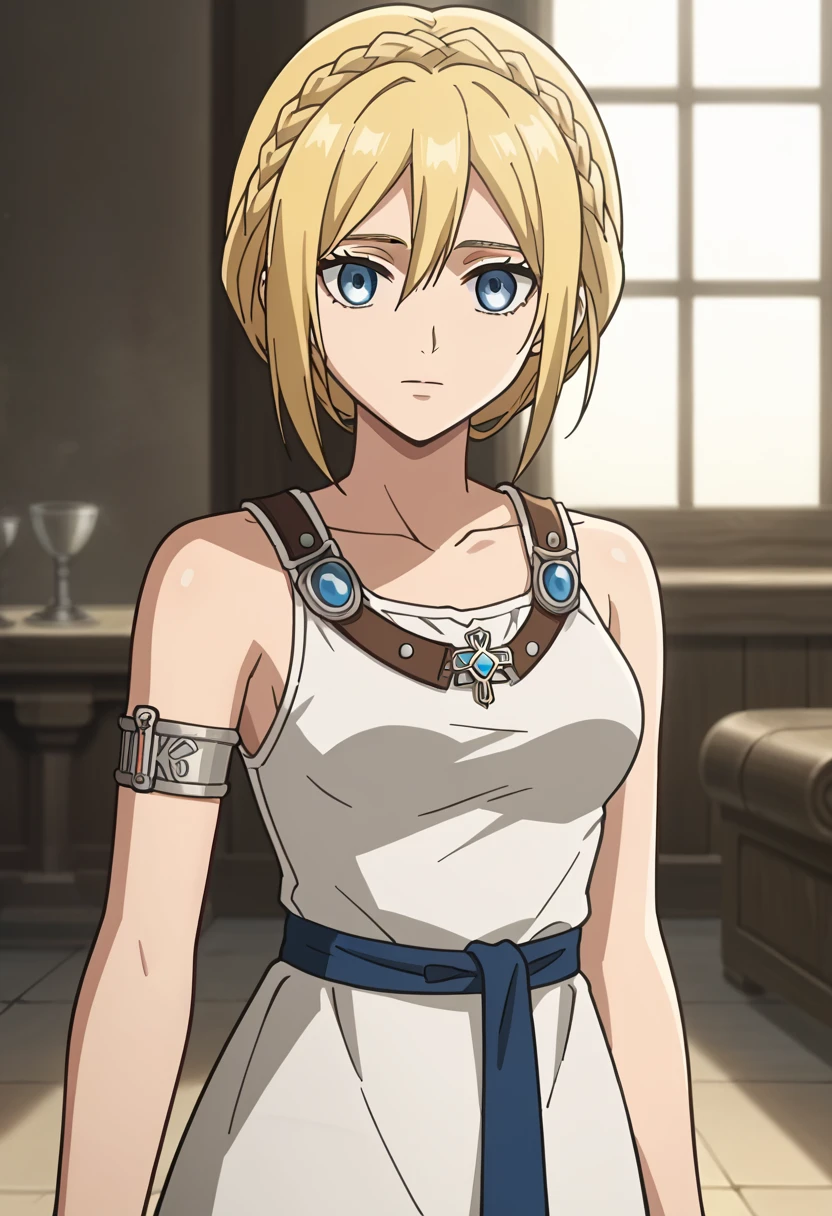 score_9, score_8_up, score_7_up, source_anime, best quality, high resolution, masterpiece, absurdres,vector trace,anime screencap, key art style, cinematic lighting, morning, 1girl, solo,  medieval, taint glass, historia reiss,blue eyes, blonde hair, medium breasts, sleeveless, collarbone, armlet, bare shoulders, long white royal tunic, throne room, formal, standing, historiaReiss, christa renz, , crown braid, ears, (very short hair), crown braid, fully braided hair, looking at viewer