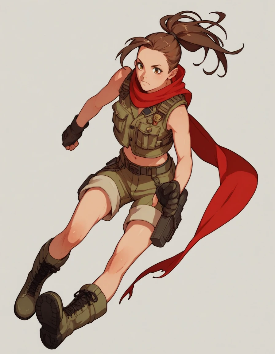  girl shoulder length brown hair with a ponytail red scarf comcate vest shorts and combat boots 