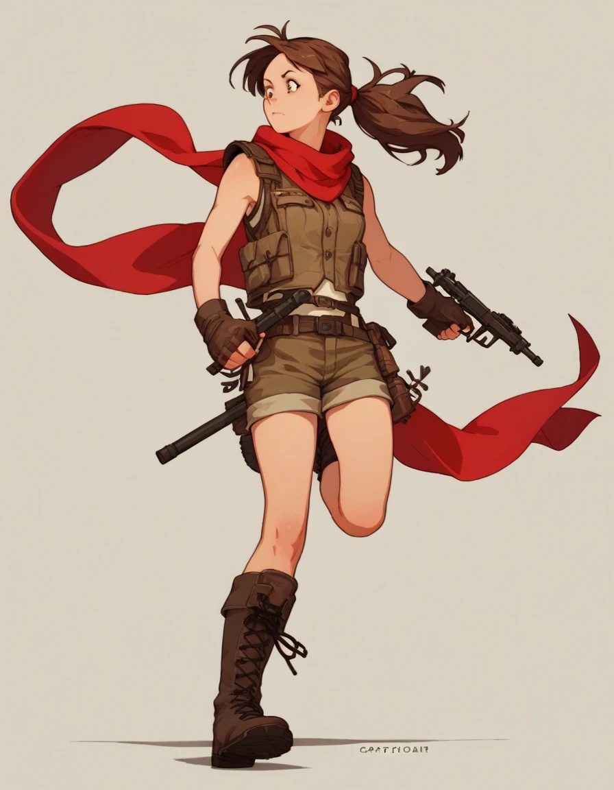  girl shoulder length brown hair with a ponytail red scarf comcate vest shorts and combat boots 