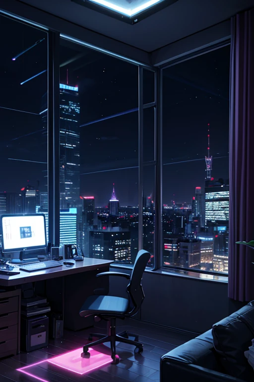 Room with Futuristic and Neon Cyberpunk Style:
Lighting: Neon lights in shades of pink and blue.
window: Large window overlooking a city with skyscrapers at night.
bed-in: Simpler, White sheets, next to window.
desk: With multi-monitor computer, keyboard, mouse.
chair: chair de escritório em frente à escrivaninha.
Bookcases/regale: Full of books and storage items.
decoration: Potted plants and decorative items.