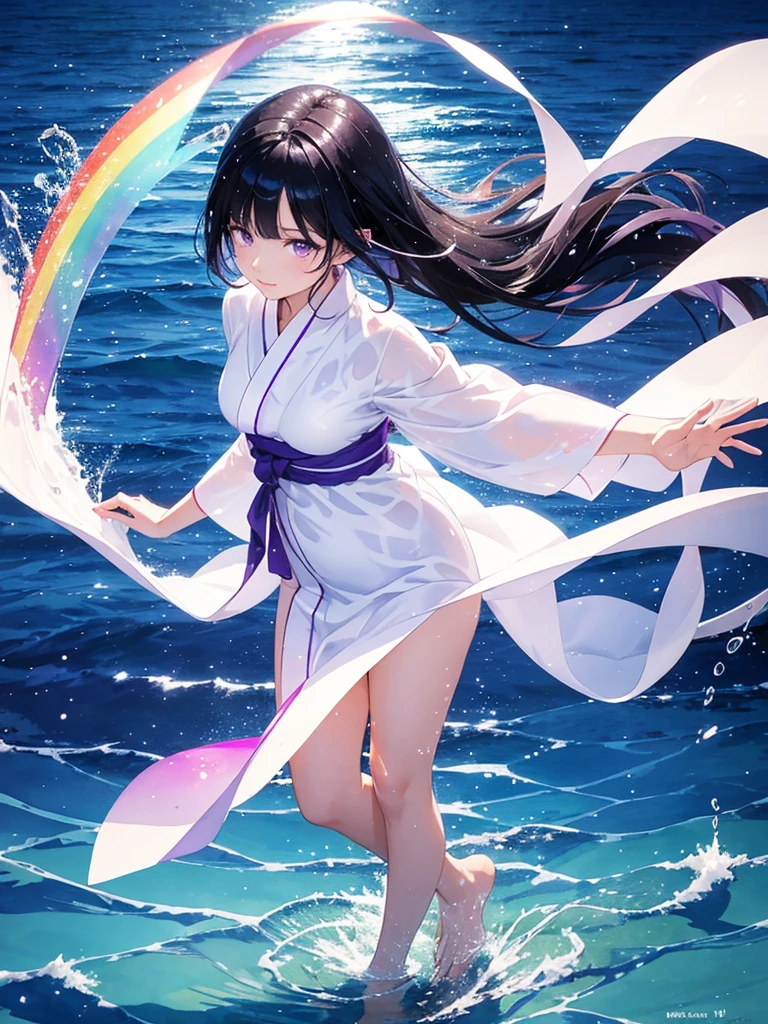 a woman with black hair and beautiful purple eyes, wearing a white yukata, walking on a transparent sea with a mirror-like beach, background with splashes of water, full-body illustration, rainbow-colored halation, sparkling wind, beautiful watercolor painting illustration