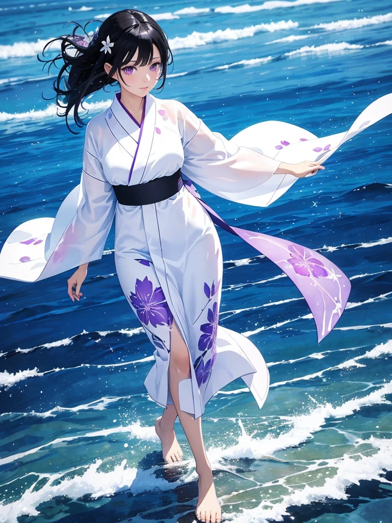 a woman with black hair and beautiful purple eyes, wearing a white yukata, walking on a transparent sea with a mirror-like beach, background with splashes of water, full-body illustration, rainbow-colored halation, sparkling wind, beautiful watercolor painting illustration