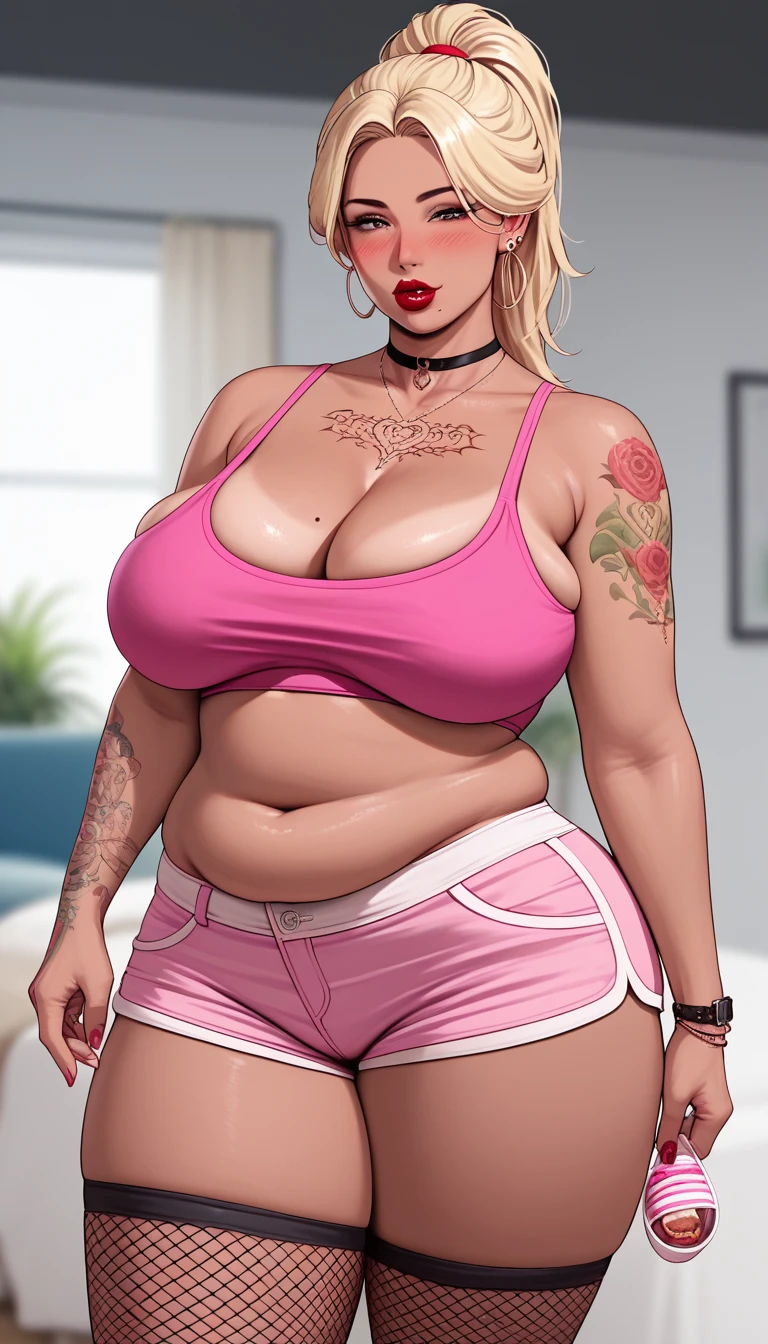 Masterpiece, hi res, absurdres, Best Quality, 4K, detailed, HD ,solo, mature female, age 40, milf, chubby, curvy, thick, Big ass,pink crop top, pink shorts, blonde hair, ponytail,curvy, cleavage, Big , saggy breasts,Fishnet stocking, mature face, prominent lips, red lipstick,thick, blushing, tanned skin, tattoos, slutty tattoos, tattoos all over the body, make up, whore, slutty