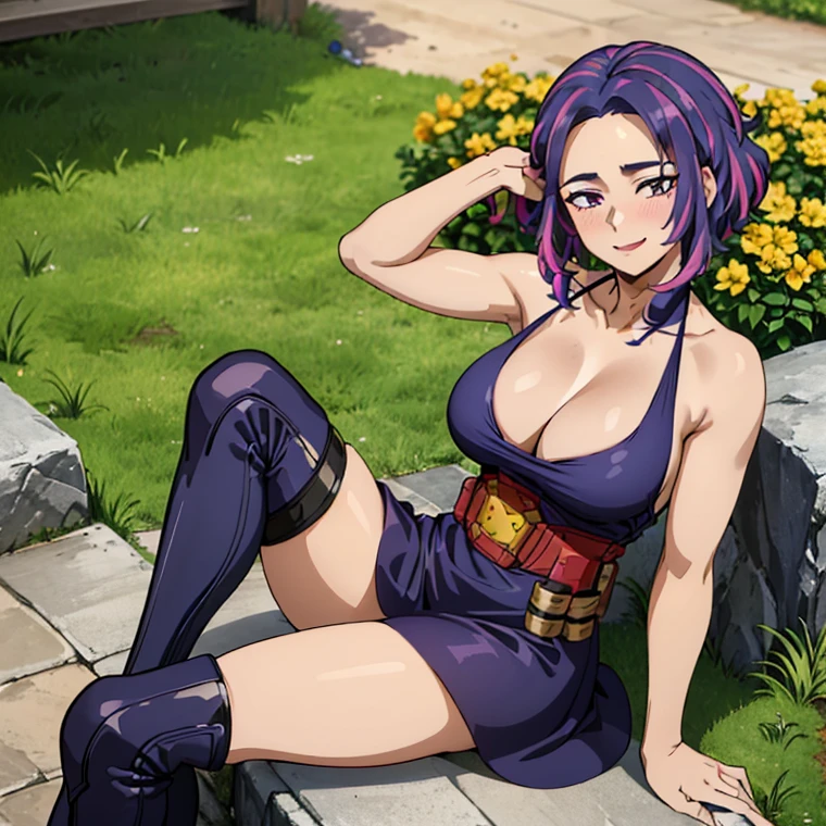 1girl, alone, lady nagant,(best quality, ultra detailed), ((full-face blush)), (detailed background:1.2), (perfect face, detailed face), looking at viewer, (mature female:1.4), smile lady_nagant, large breasts, short hair, sleeveless, streaked hair, bare shoulders, medium hair, belt, dress, purple hair,multicolored hair ,boots (garden, outdoors, sitting), perfect hands, perfect anatomy ((en bikini de color blanco "se resalte  las tetas" y  toda mojada)), *(("cara de excitada sacando la lengua" ))* (("en bikini ")) ((las piernas abiertas a en pose sexy en bikini))(( "sin falda" )) (("mostrando las bragas")) ((pose sexy mostrando sus  atributos)) ((las piernas abiertas viendo para la cámara mostrando  bragas)), (("cara sexy sacando la lengua ")) piernas abiertas 