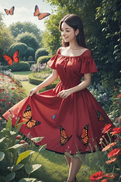 woman wearing red dress with butterfly print, in a garden full of butterflies, very happy, in his hands touching butterflies