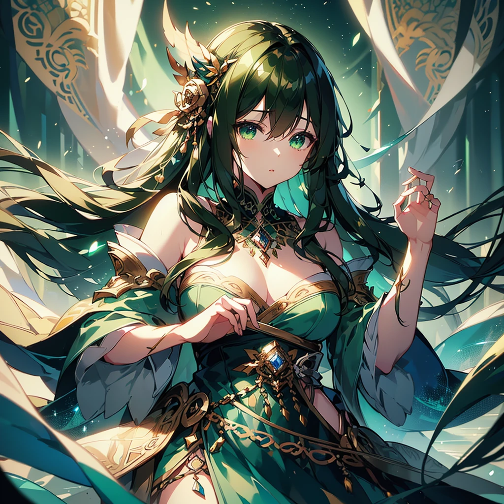 A cute anime girl with long brown hair, heterochromatic eyes (one green and one blue), beautiful detailed eyes, beautiful detailed lips, extremely detailed face and portrait, intricate and delicate features, and delicate figure, elegant and graceful pose, fantasy landscape background, warm lighting, muted color palette, (best quality,4k,8k,highres,masterpiece:1.2),ultra-detailed,(realistic,photorealistic,photo-realistic:1.37),digital art,highly detailed,vibrant colors,cinematic lighting,stunning atmosphere