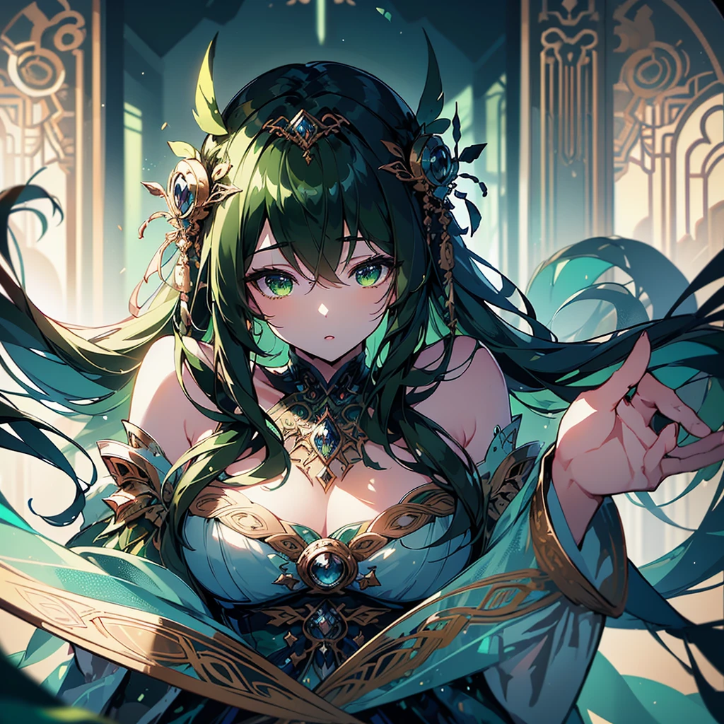 A cute anime girl with long brown hair, heterochromatic eyes (one green and one blue), beautiful detailed eyes, beautiful detailed lips, extremely detailed face and portrait, intricate and delicate features, and delicate figure, elegant and graceful pose, fantasy landscape background, warm lighting, muted color palette, (best quality,4k,8k,highres,masterpiece:1.2),ultra-detailed,(realistic,photorealistic,photo-realistic:1.37),digital art,highly detailed,vibrant colors,cinematic lighting,stunning atmosphere