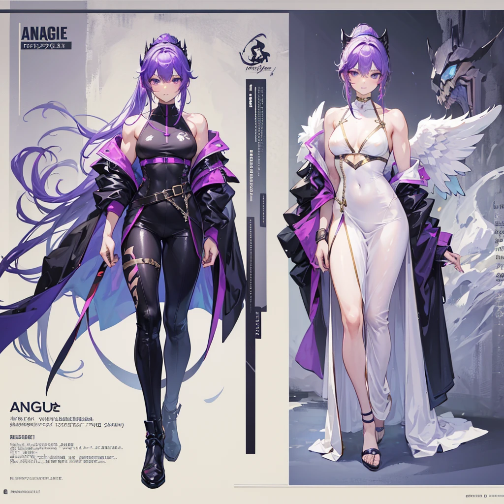 (Masterpiece, best quality), detailed, 1 man, ((character concept art)), ((character design sheet, same character, front, side, back)), full body, body complete, 1 Male angel, 1 Man angel, Detailed face, character design sheet,full bodyesbian, Highly detailed, character sheet, character design, Many parts, dark skin, angel wings, long ponytail purple hair, angel outfit, muscle male god, male clothes, masculine, muscle man, male muscle, manly, male angel, Muscle male with long ponytail purple hair,beautiful man, beautiful muscle man