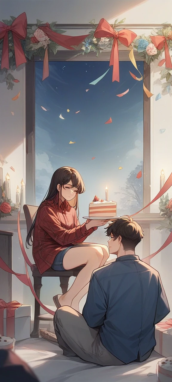 real potrait, full body, long shot, a Korean woman with long hair, wear casual clothes, Beside him was a Korean man with short slick-back hair wearing red flannel, Sit down, in front of him is a birthday cake, there are number candles "30", Behind it is full of birthday accessories, night atmosphere, romantic feel, charming bright colors