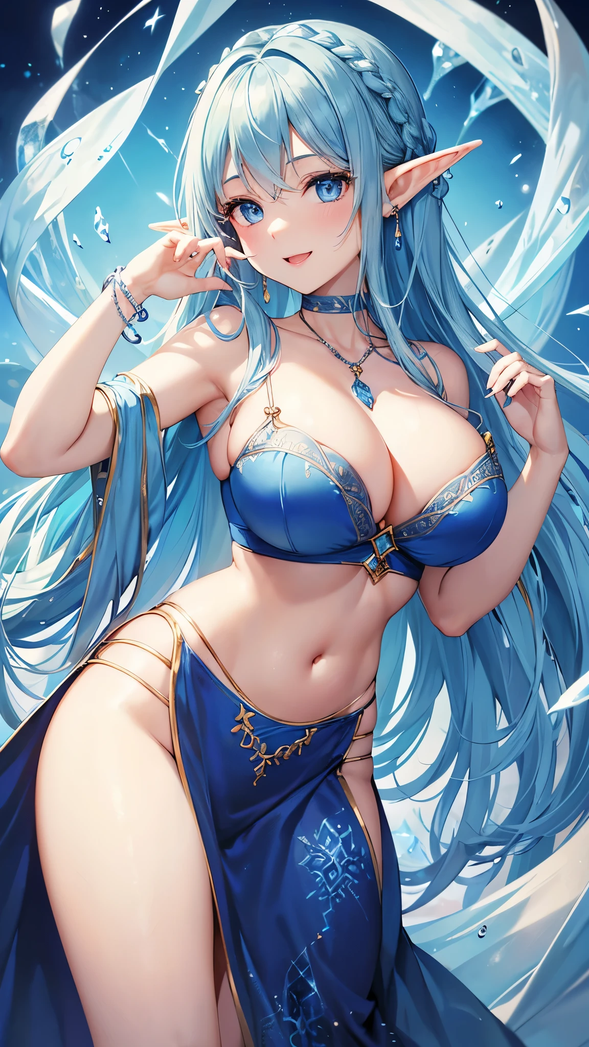 Highest quality、Highest quality、masterpiece、(8k resolution),beauty(Age 25)、(Mature Appearance)、Light blue long hair(Braiding of the sides)、blue eyes、(Blue underwear with detailed embroidery)、(Elf)、Big cleavage、((Very large breasts))、smile、blue necklace、Blue Earrings、background(ice)、Please open your mouth wide、bracelet、Dynamic pose、Blue choker、
