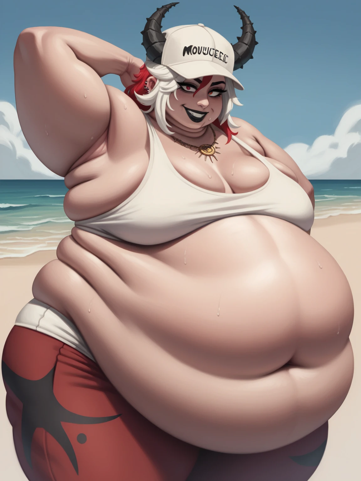 Masterpiece, perfect face, nostril piercing, black lipstick, perfect hands, Sunkissed skin all over, Thicc, black fingernails and toenails, extremely morbidly obese, black and red hair, ((wearing)), red and black top, grey sweat pants, detailed feet, voluptuous, smile, (anatomically correct), (Perfect/ realistic proportions:1.2), (overwhelmingly fat arms), ((extremely widest hips possible!)), ((extremely massive thick thighs, morbidly large belly), belly overhang!)), (1080P, 4k UHD, Masterpiece:2.1!) ((single)), background: brick