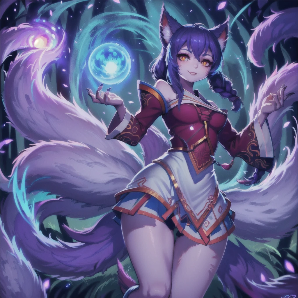 seketch art style,arhi , league of legends champion,masterpiece, best quality, IncrsAhri, braid, fox tail, multiple tails, korean clothes, skirt, (EnergyVeins:1.4), glowing, energy, energy ball, stance, evil smile,full detail,no background