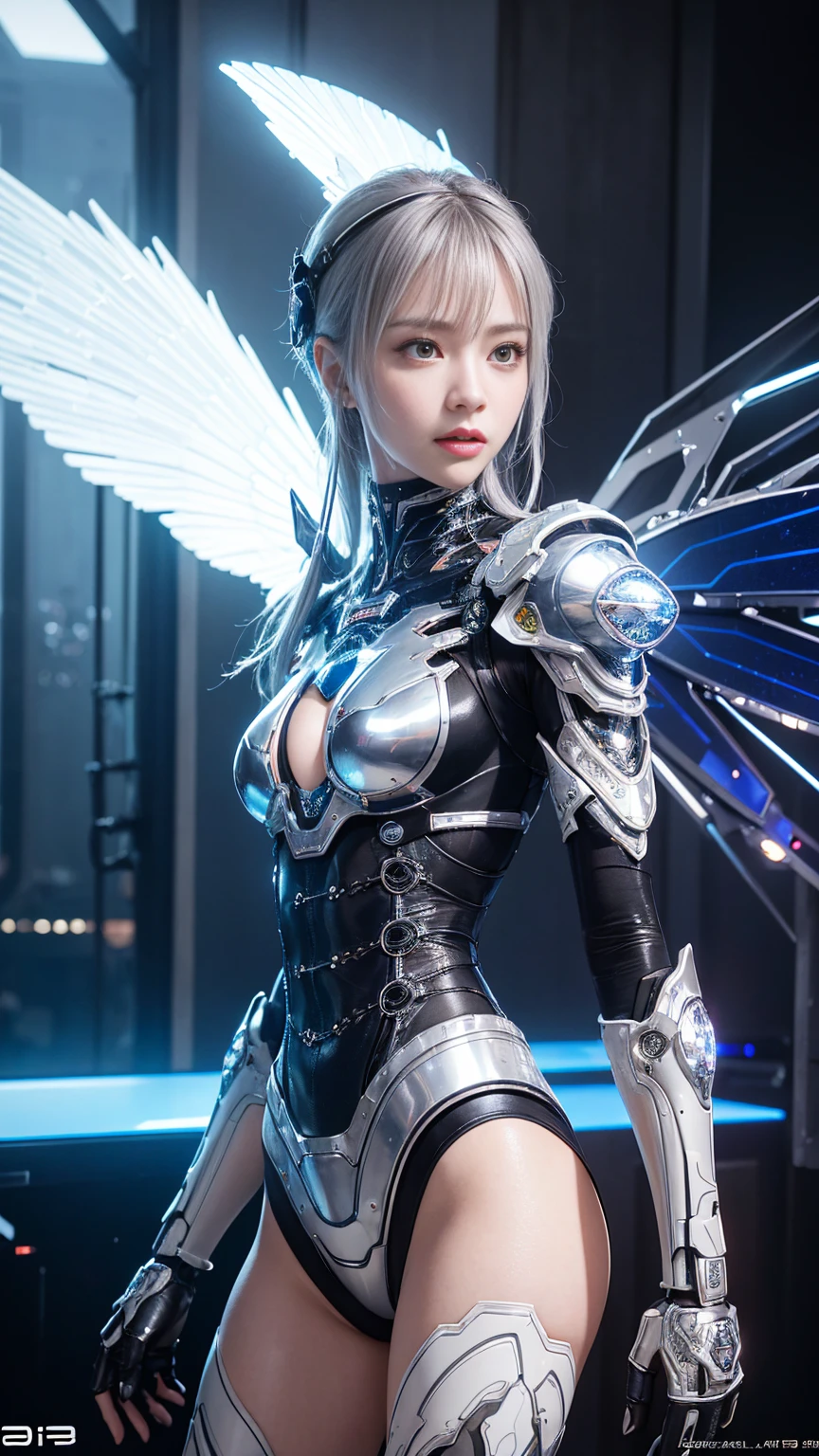 quality、masterpiece、Ultra-high resolution、(realism:1.4)、RAW Photos、Battle Robot Angel、Large metal wings、White porcelain body、Acrylic transparent cover、Gray Hair、Glowing Skin、1 robot girl、((Ultra-Realistic Details))、abortion、Global Illumination、shadowing、Octanerating rendering、8k、Ultra Sharp、Character edge light,huge 、Original Skins、Intricate decorative detailore about the Aztecs、Hydraulic cylinder、Small LED Light、Very intricate details、Realistic Ray Tracing、Purple eyes、Shining in front of the camera、Neon Light Details、Cowboy gets shot、Futuristic headgear、About Cyberpunk、、
