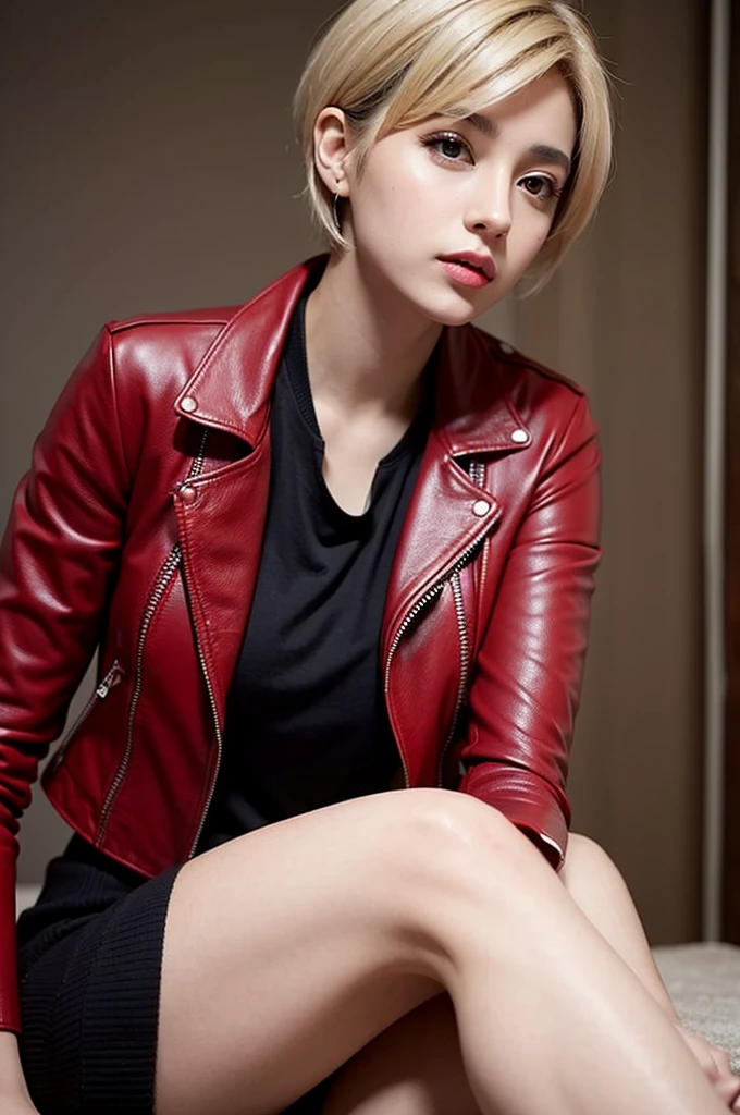 An Iranian girl with very short blond hair and light brown eyes in a red dress , a black leather jacket