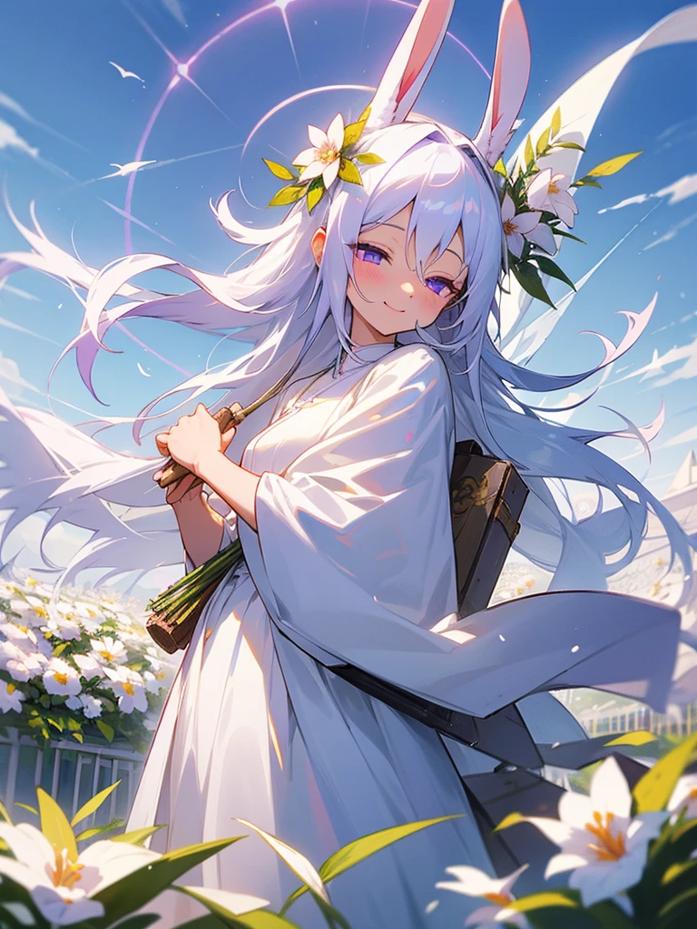 Buddha, rabbit ears, long white hair, white dress, portable shrine, festival, angel halo, flower field, purple eyes, smile, swallow, bouquet
