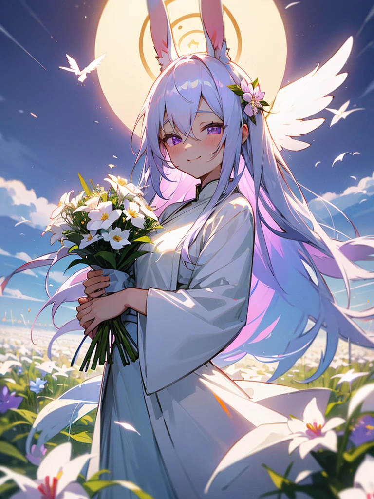 Buddha, rabbit ears, long white hair, white dress, portable shrine, festival, angel halo, flower field, purple eyes, smile, swallow, bouquet
