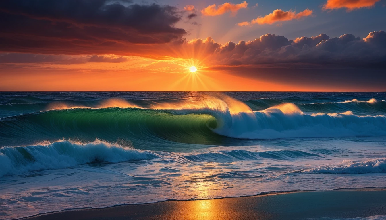arafed view of a sunset over the ocean with waves crashing, chaotic sea setting, vibrant sunrise, breathtaking colors, breathtaking look, vibrant sunset, breathtaking composition, beautiful sea landscapes, stunning sunset, magnificent background, sunset glow, beautiful background, beautiful dreamy breathtaking, marc adamus, warm beautiful scene, epic sunset, beautiful sunset, beautiful sunset glow, beautiful ocean