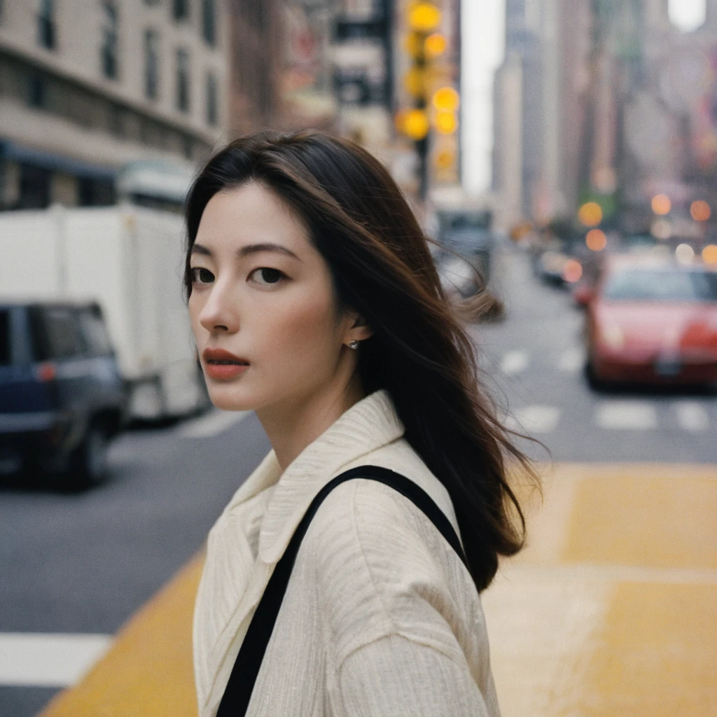 Closeup portrait photo of a blonde high fashion young Korean woman, still from the film, ((solo)), (Anne Hathaway look alike face: 0.9), looking up at the sky, in downtown new york city, crosswalks stripes, traffic lights, cloudy day, Asian signs, Leica SL3, Summicron-SL 75 f/2 ASPH, kodak gold 200 film, bare shoulder, dynamic action pose,