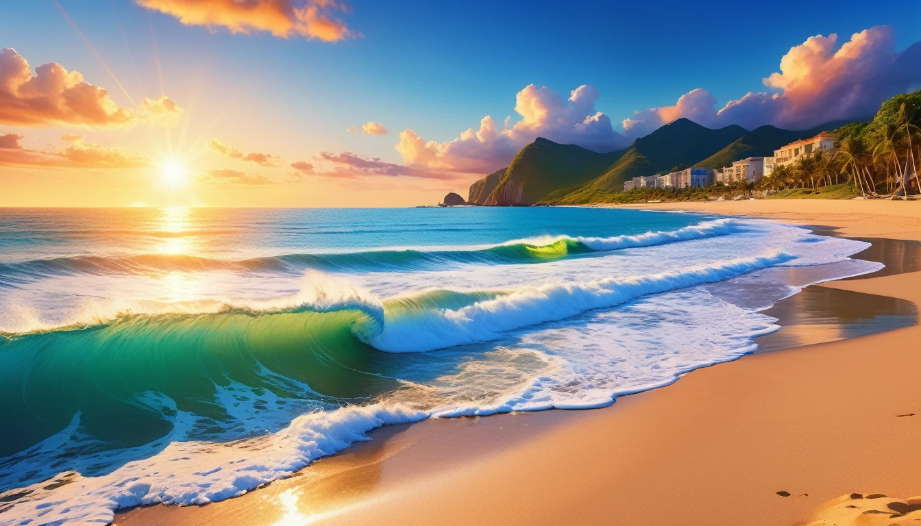 The background of the picture is peaceful by the sunset sea, and the sun was shining brightly, The waves crash against the beach, colorfyl Flowers bloom on the beach, Melodious sound, Strange clouds stand out, first-person view, panorama, UHD,(Best Quality),(Masterpiece Photos), (Details:1.4),(8k Highly Detailed)(Best Quality),(Best Shading)