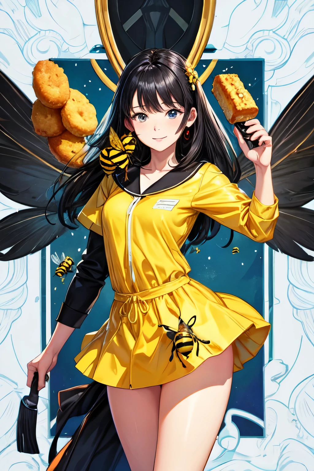 A painting of a 1 chicken nugget and a bee in the shape of a black haired woman , 4K