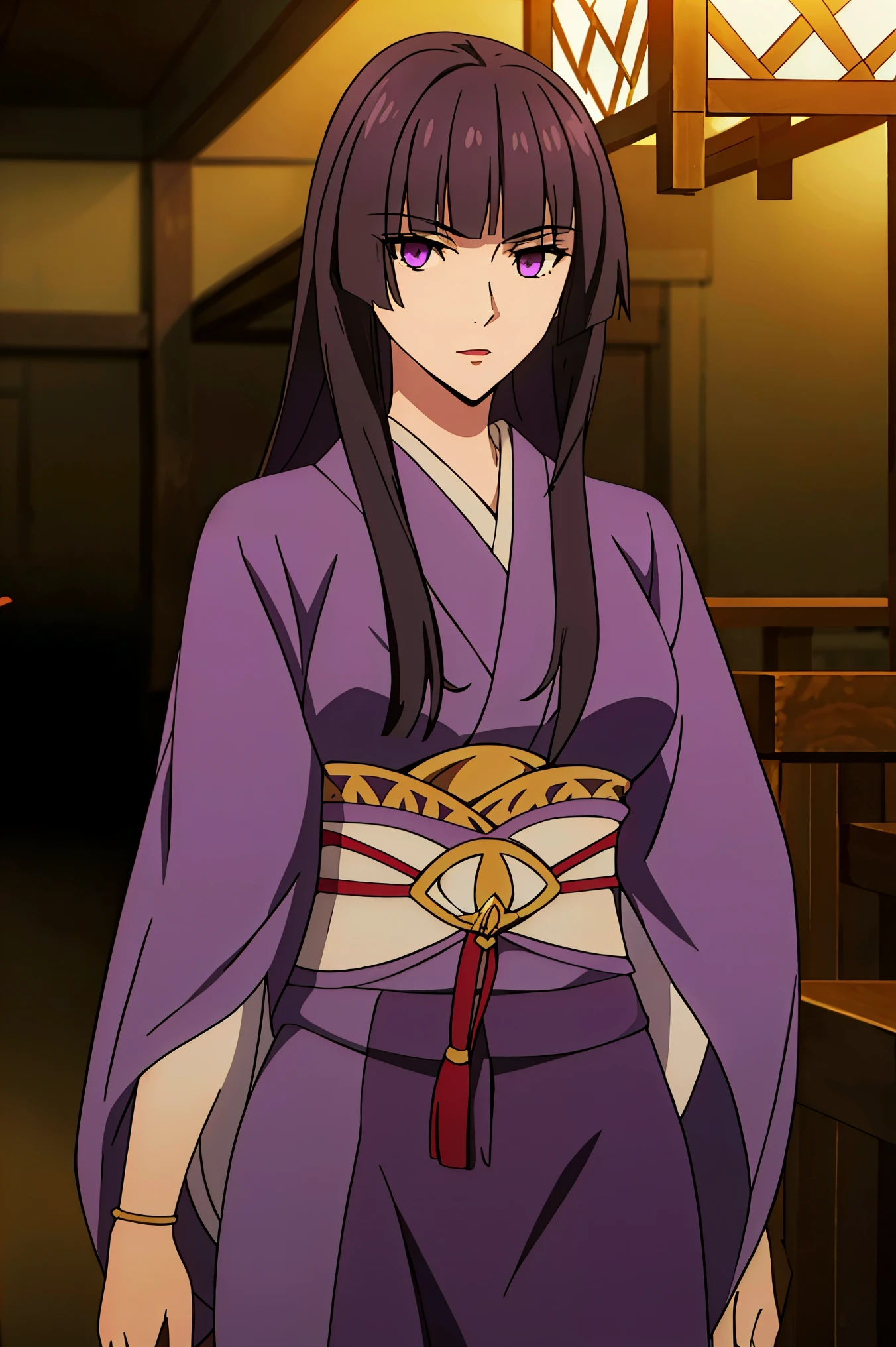 glass, 1girl, solo, long hair, bangs, black hair, purple eyes, looking at viewer, upper body, blunt bangs, kimono, lipstick, hime cut, cowboy shot, ((masterpiece)), ((best quality)), ((high detailed illustration)), ((high detailed background)), ((realistic lighting))