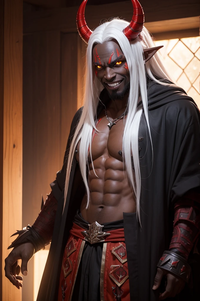 A tall dark-skinned man of average build. Red horns like those of an Oni and its forehead, long straight white hair, pirate clothes that are light on the inside and black on the outside. Sharp smile and pointed teeth, long ears like an elf, predator eyes with orange irises