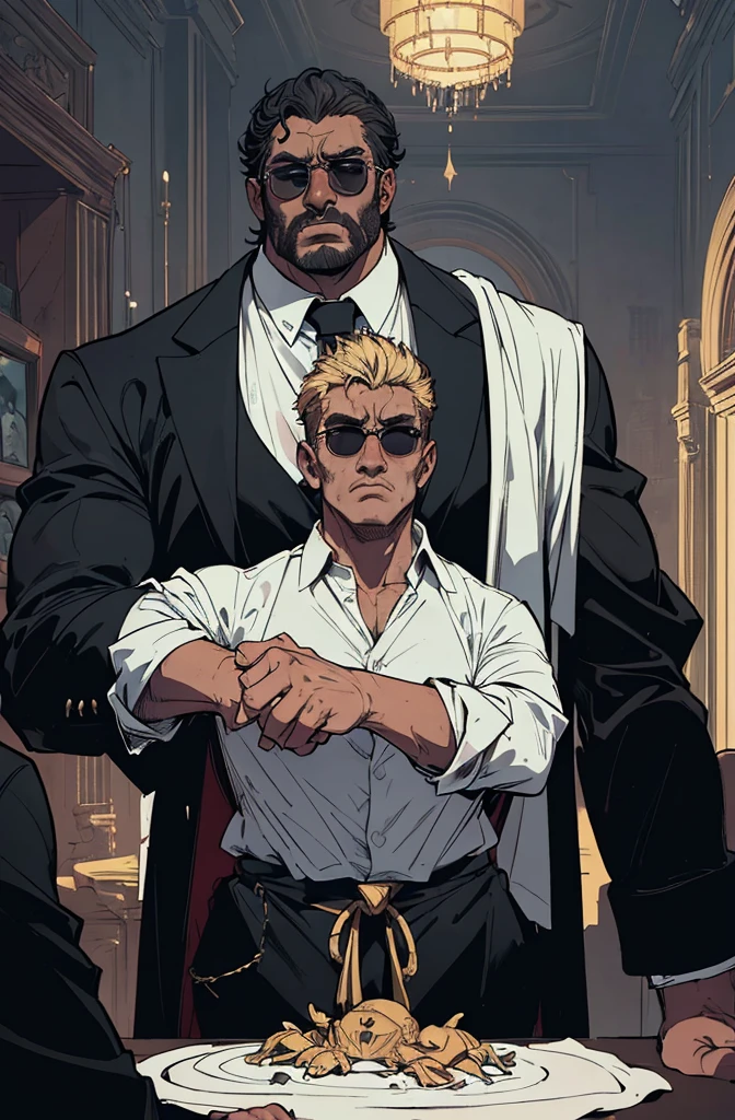 ((full body)),(angry),obra de arte:1.2, melhor qualidade, ultra detalhado,  absurdos, Marcus "Juggernaut" Johnson:
Physical Description: Gigantic, bulky muscles, tribal tattoos.
Personality: Gentle, loyal, and protective, bodyguard of an important figure.
Clothing: Tailored black suit, white shirt, sunglasses.
Setting: Luxurious mansion of a magnate, with guards at every corner.
Photography: Soft lighting highlighting the opulence of the mansion, contrasting with Juggernaut's imposing figure.  (retrato), cruzado, armadura elegante, (cocar elegante sobre capuz), Rei leproso, no estilo de Kentaro Miura, pele azul, (rosto desfigurado), partially cursed face, 1 mulher, fantasia, SCI-FI, Serious Expression, muscular, (Androgynous facial features), 