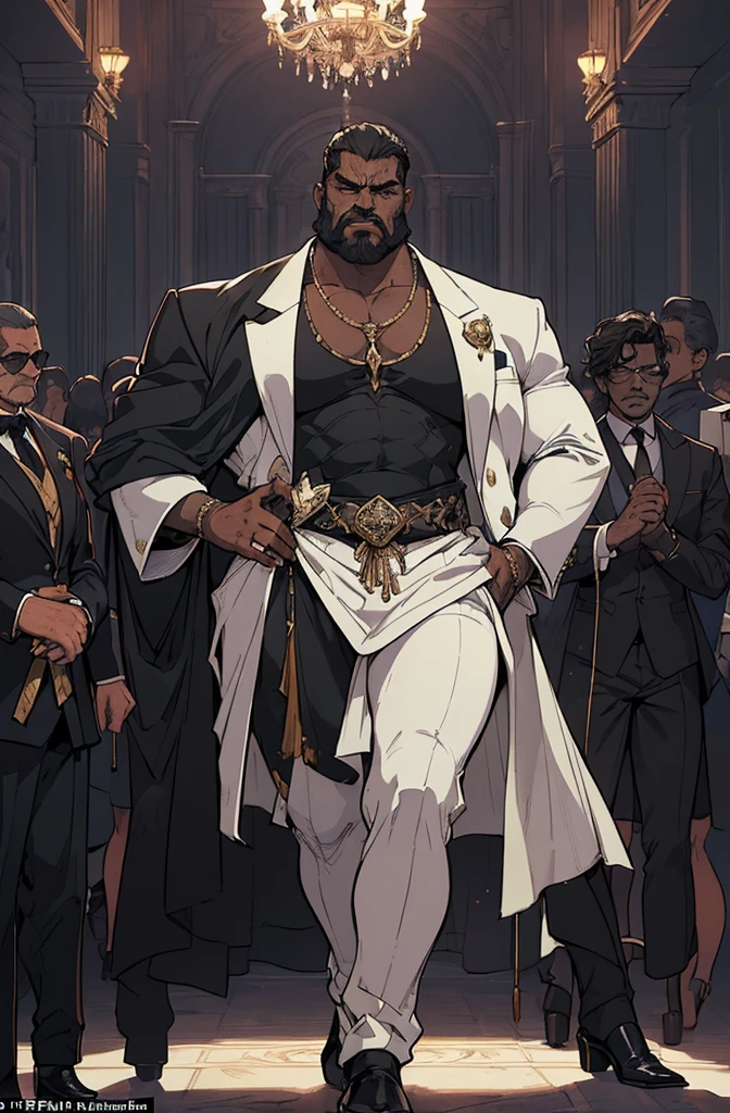 ((full body)),(angry),obra de arte:1.2, melhor qualidade, ultra detalhado, absurdos, Marcus "Juggernaut" Johnson:
Physical Description: Gigantic, bulky muscles, tribal tattoos.
Personality: Gentle, loyal, and protective, bodyguard of an important figure.
Clothing: Tailored black suit, white shirt, sunglasses.
Setting: Luxurious mansion of a magnate, with guards at every corner.
Photography: Soft lighting highlighting the opulence of the mansion, contrasting with Juggernaut's imposing figure. (retrato), cruzado, armadura elegante, (cocar elegante sobre capuz), Rei leproso, no estilo de Kentaro Miura, pele azul, (rosto desfigurado), partially cursed face, 1 mulher, fantasia, SCI-FI, Serious Expression, muscular, (Androgynous facial features),