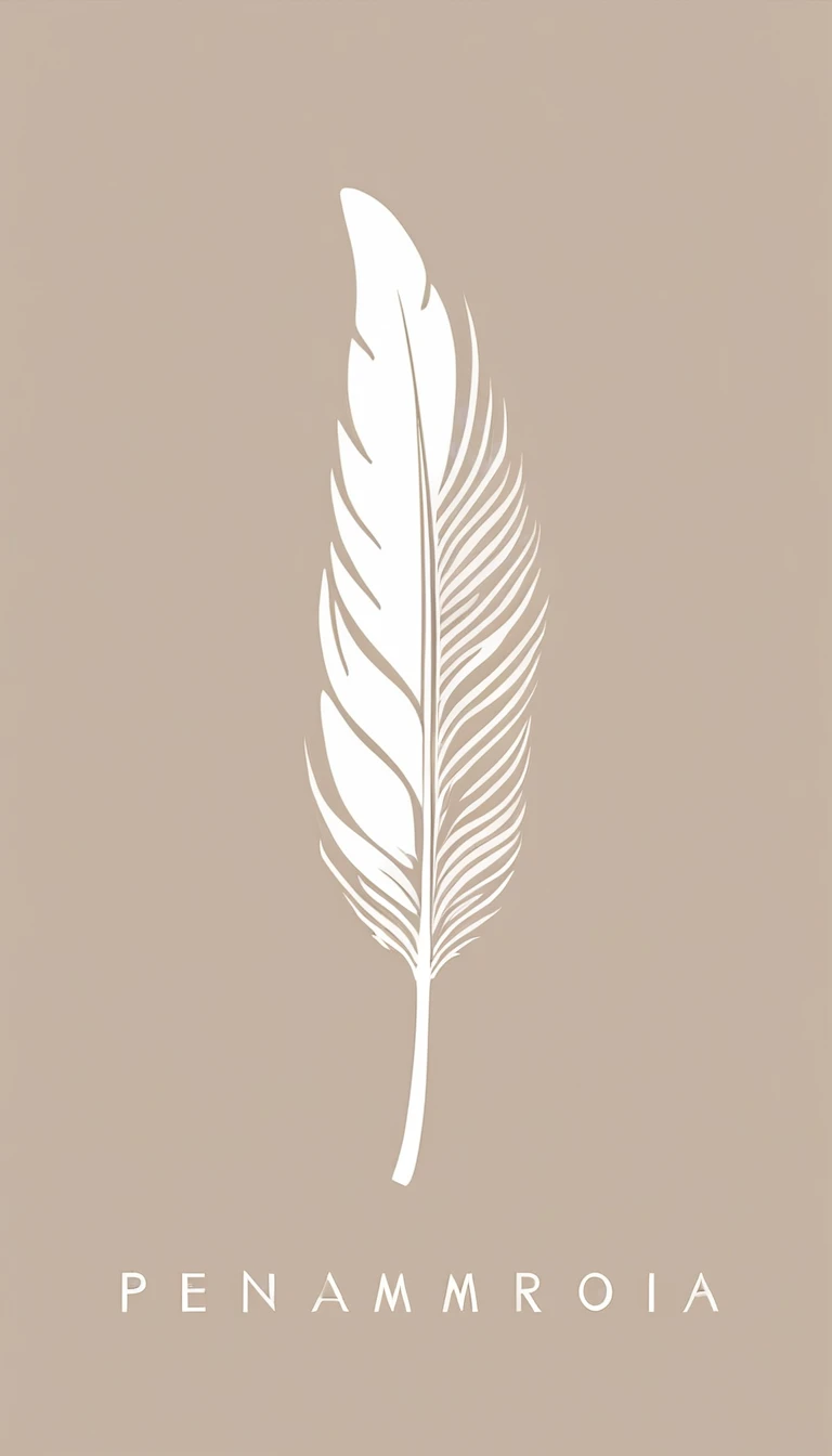 A minimal, modern, simple, cinematic logotype for the brand Penamemoria. The logotype must be a simple Memory Feather. Icon of a unique dreamy feather. The logo must convey a sense of music, stories and dreams. Logo design impressed on a book cover. Minimalistic logo and icon