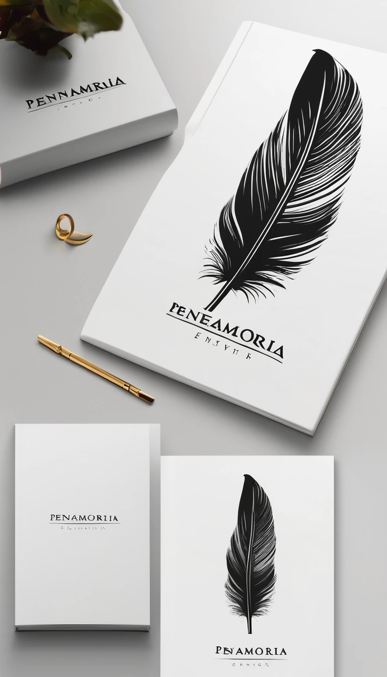 A minimal, modern, simple, cinematic logotype for the brand Penamemoria. The logotype must be a simple Memory Feather. Icon of a unique dreamy feather. The logo must convey a sense of music, stories and dreams. Logo design impressed on a book cover. Minimalistic logo and icon