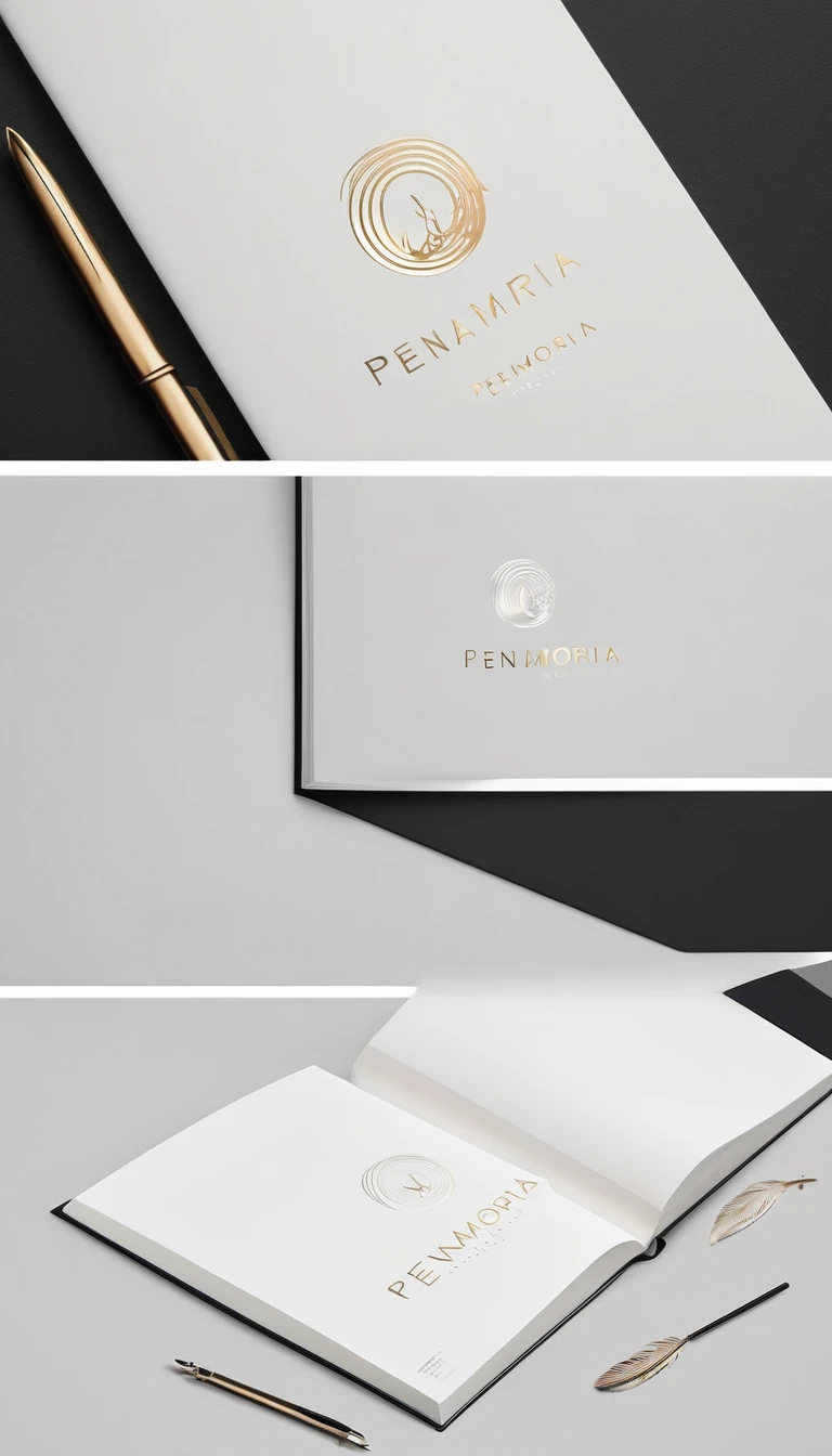 A minimal, modern, simple, cinematic logotype for the brand Penamemoria. The logotype must be a simple Memory Feather. Icon of a unique dreamy feather. The logo must convey a sense of music, stories and dreams. Logo design impressed on a book cover. Minimalistic logo and icon