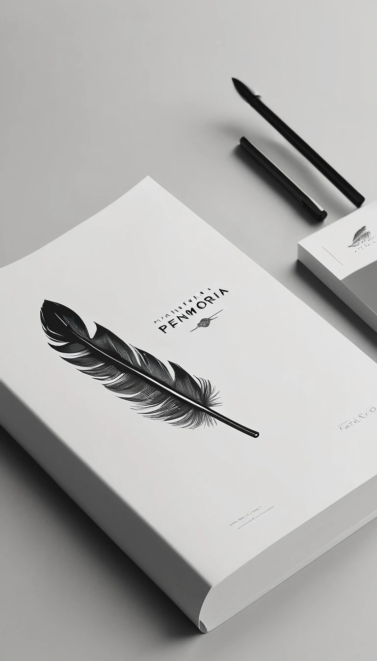 A minimal, modern, simple, cinematic logotype for the brand Penamemoria. The logotype must be a simple Memory Feather. Icon of a unique dreamy feather. The logo must convey a sense of music, stories and dreams. Logo design impressed on a book cover. Minimalistic logo and icon