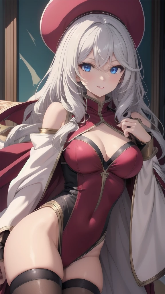 (masterpiece, best quality, ultra-detailed, best shadow), solo girl, silver hair, blue eyes, long hair, medium breasts, sexy body and face, wavy hair, smile, parted lips, red lips, circlet, skirt, bridal gauntlets, jewelry, cape, bare shoulders, sandals, sleeveless dress, red cape, long sleeves, wide sleeves, side slit, white dress, detached sleeves, turtleneck, ribbon, pink dress, fingerless gloves, cafe, sexy pose, cowboy shots,  sharp focus, vibrant, creative, dynamic, high definition, high resolution, 8k, (Upscale: R-ESRGAN 4x+ Anime6mage enchance:4x), voluptuous body, cinema lightning, dakimakura style, looking at the viewer, 