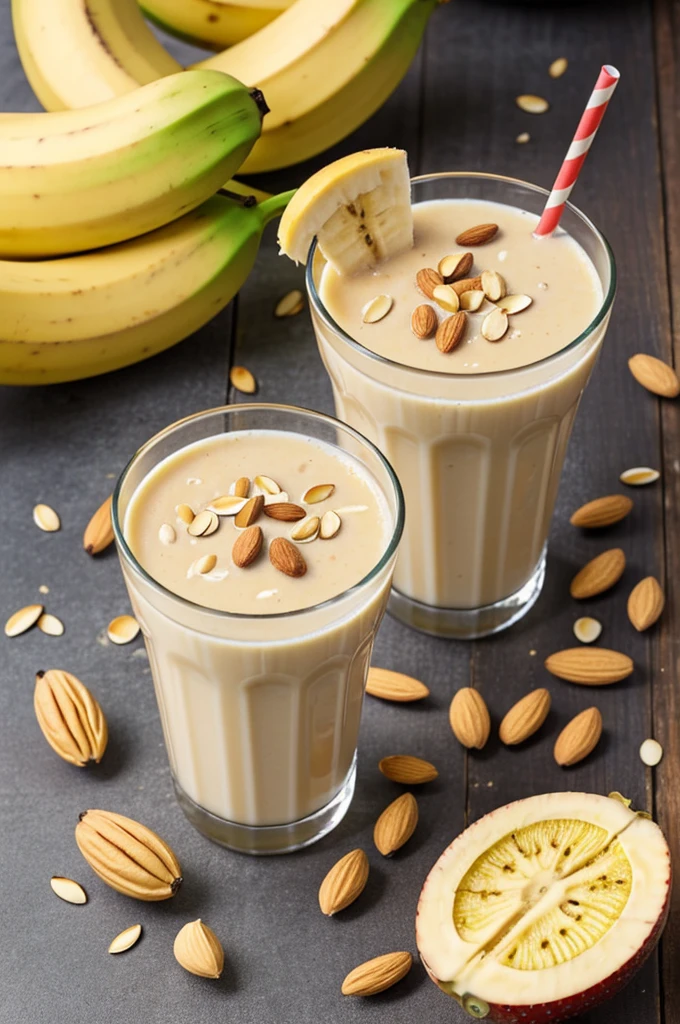 Create a banana milk juice with eggs and banana and milk and inside that juice you can see that there is the fruit of the strawberries, the almonds, the nuts and the tangerine.