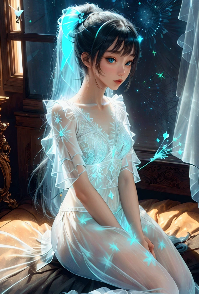 Illustration style made of light, high resolution, (A luminous masterpiece: 1.4), very detailed, (((element of light_detailed face, detailed expression)), girl, best friend, comfortable, frizzy ponytail, sitting on bed, sit on the floor,  background of the room, friend, 가장 친한 friend, house, curtain, bed, tv, table, 