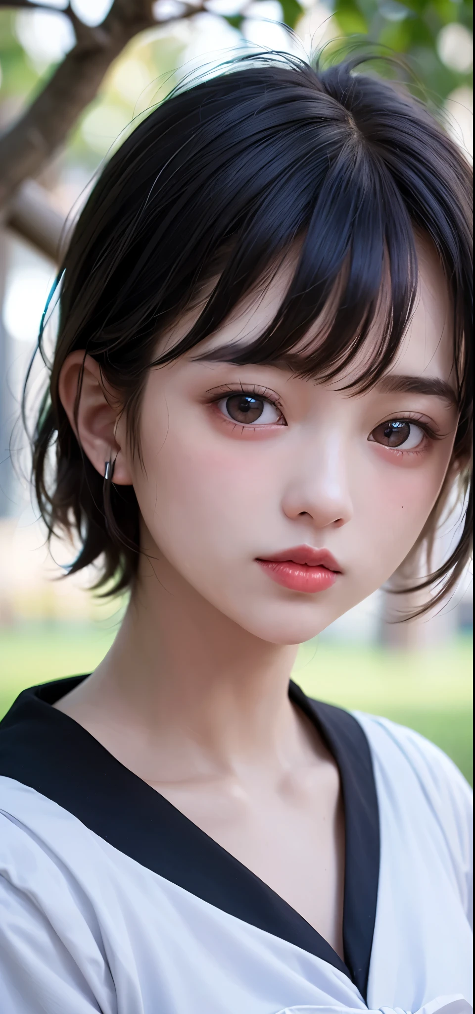 (1 nogizaka girl,15years old face,raw photo,photo realistic:1.5),(best quality, high quality,HDR, highest quality,ultra high resolution,high resolution,high res,ultra high difinition,huge file size,8K,2K wallpaper,8K wallpaper,high quality texture,amazing,an extremely delicate:1.4),one girl, Japanese famous idol,cute face,small face,absurd,ridiculous,incredibly ridiculous,blurry background,(school uniform,sailor suit,short hair,cleavage,no makeup:1.2),medium skin,beautiful skin,detailed skin,black hair,silky hair,black eyes,Japanese nose,5-fingers,(Light Particles, Lens Flare, Luminous Particles: 0.7),looking at viewer,small hands,bright lighting,professional lighting,girl