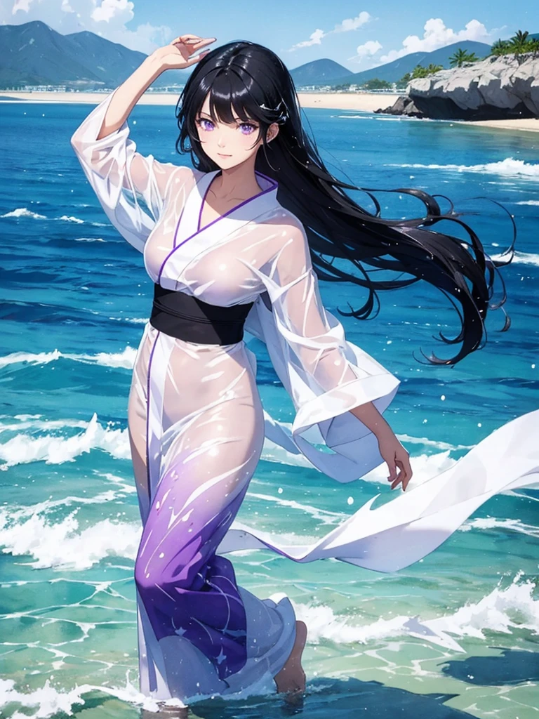 a woman with black hair and beautiful purple eyes, wearing a white yukata, walking on a transparent sea with a mirror-like beach, background with splashes of water, full-body illustration, rainbow-colored halation, sparkling wind, beautiful watercolor painting illustration