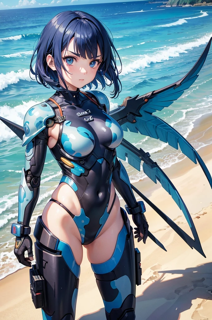 masterpiece, best quality, ultra detailed, 4K, no bad anatomy and fingers, Fibonacci composition, a cyborg girl, beach, Looking wistfully out to sea, melancholy, super fine concept art, combat plug suit with big mechanical wings, Blue Camouflage, elaborately designed clothes, medium short hair with straight bangs above the eyebrows, colored inner hair, glowing beautiful skin and eyes, beautiful Okinawa beach, sunny, thick lines, dynamic composition, Masashi Kishimoto, Hirohiko Araki,