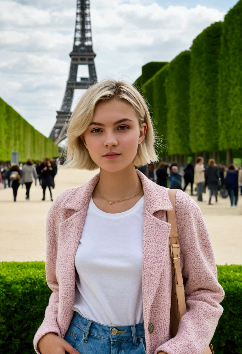 her name is Amelie, high quality, 1girl, ((20-year-old fit Caucasian woman)), ((20 years old)), ((SLIM)), ((short blonde hair)), pose: standing, wearing Contemporary Generation-Z modern wear pastel colored, BACKGROUND: Strolling through the Jardin des Tuileries, with its beautifully manicured gardens and views of the Louvre and the Eiffel Tower.