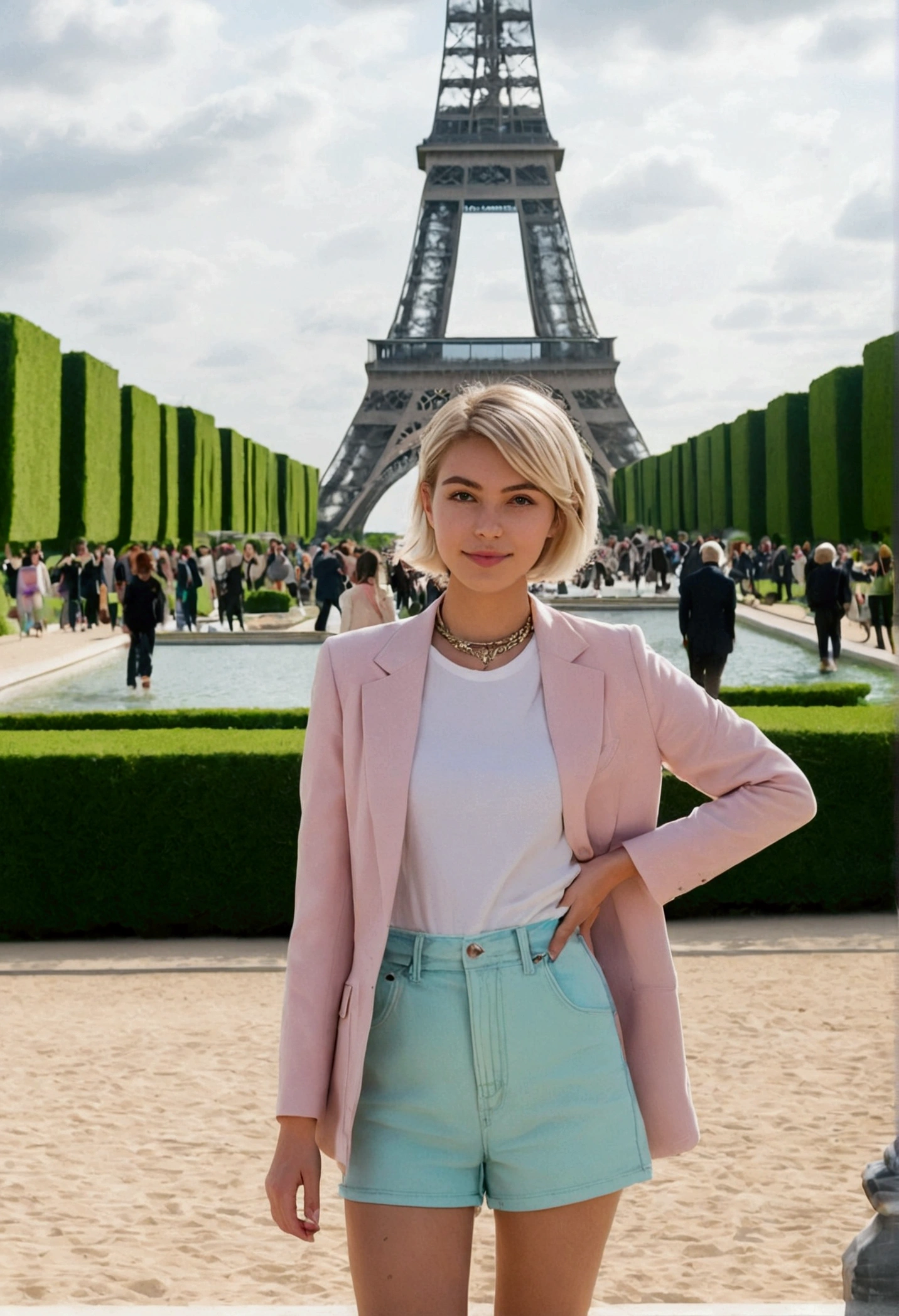her name is Amelie, high quality, 1girl, ((20-year-old fit Caucasian woman)), ((20 years old)), ((SLIM)), ((short blonde hair)), pose: standing, wearing Contemporary Generation-Z modern wear pastel colored, BACKGROUND: Strolling through the Jardin des Tuileries, with its beautifully manicured gardens and views of the Louvre and the Eiffel Tower.