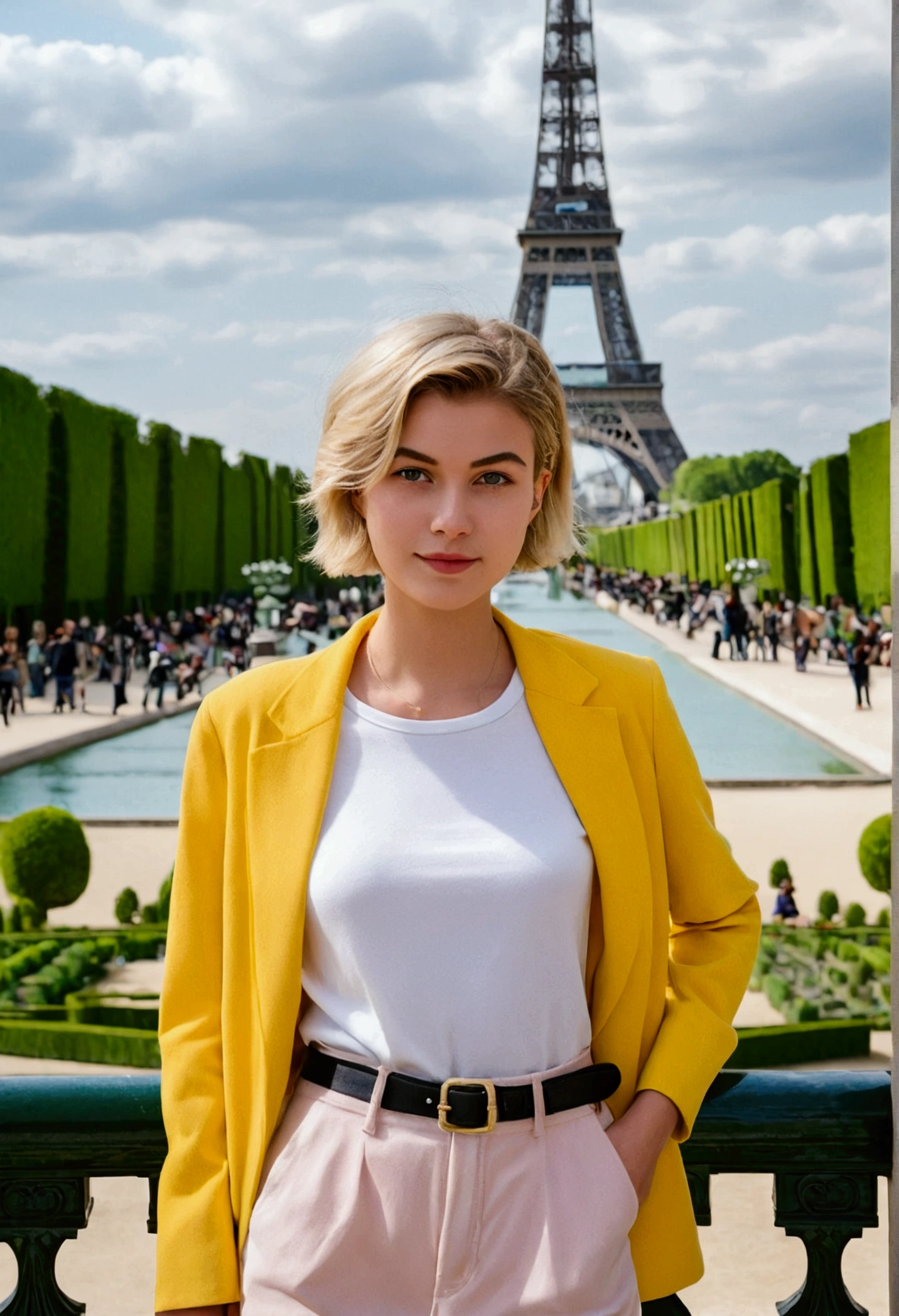 her name is Amelie, high quality, 1girl, ((20-year-old fit Caucasian woman)), ((20 years old)), ((SLIM)), ((short blonde hair)), pose: standing, wearing Contemporary Generation-Z modern wear pastel colored, BACKGROUND: Strolling through the Jardin des Tuileries, with its beautifully manicured gardens and views of the Louvre and the Eiffel Tower.
