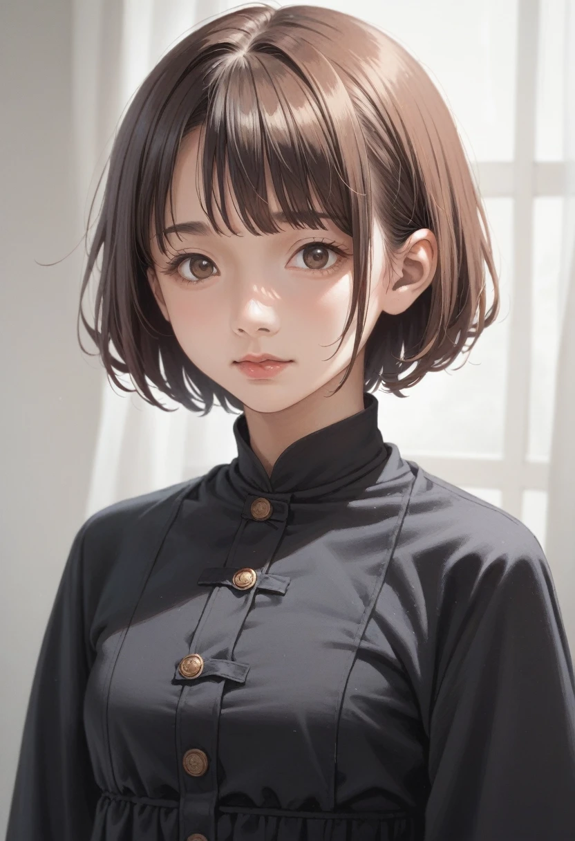 anime girl with short hair and brown eyes in a black dress, semirealistic anime style, anime style portrait, face anime portrait, painted in anime painter studio, in an anime style, portrait of an anime girl, sayori, made with anime painter studio, portrait of anime woman, detailed anime soft face, perfect anime face, in anime style, anime realism style