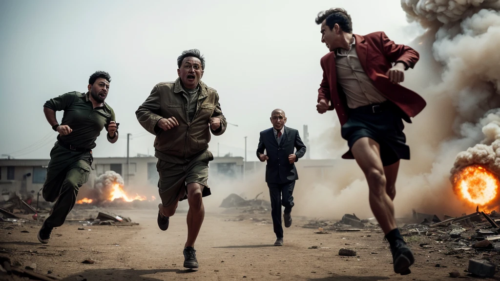 People running away from a incoming atomic bomb, focus on a scared man running for his life