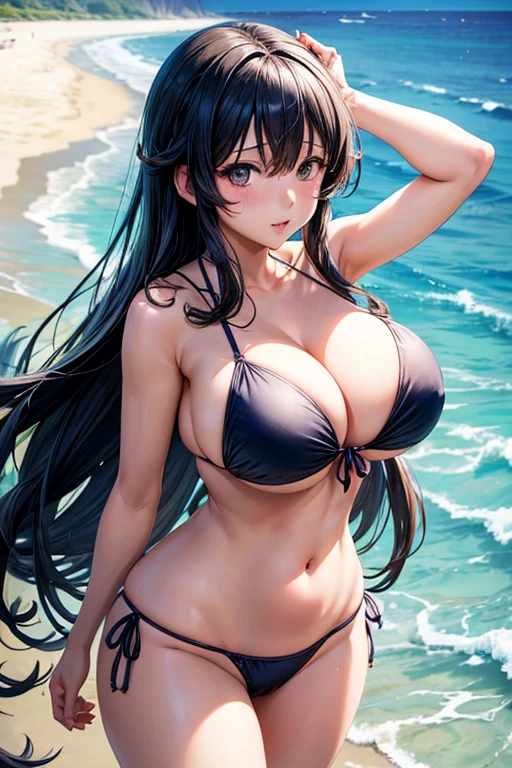 anime girl in a bikini with big breasts standing on the beach, an anime drawing by Kentaro Miura, pixiv, what is?, oppai, oppai proportions, ecchi, with a big breasts, seductive anime girl, with big breasts, Thick, Ecchi anime style, top rated on pixiv, big breasts!!, big breasts